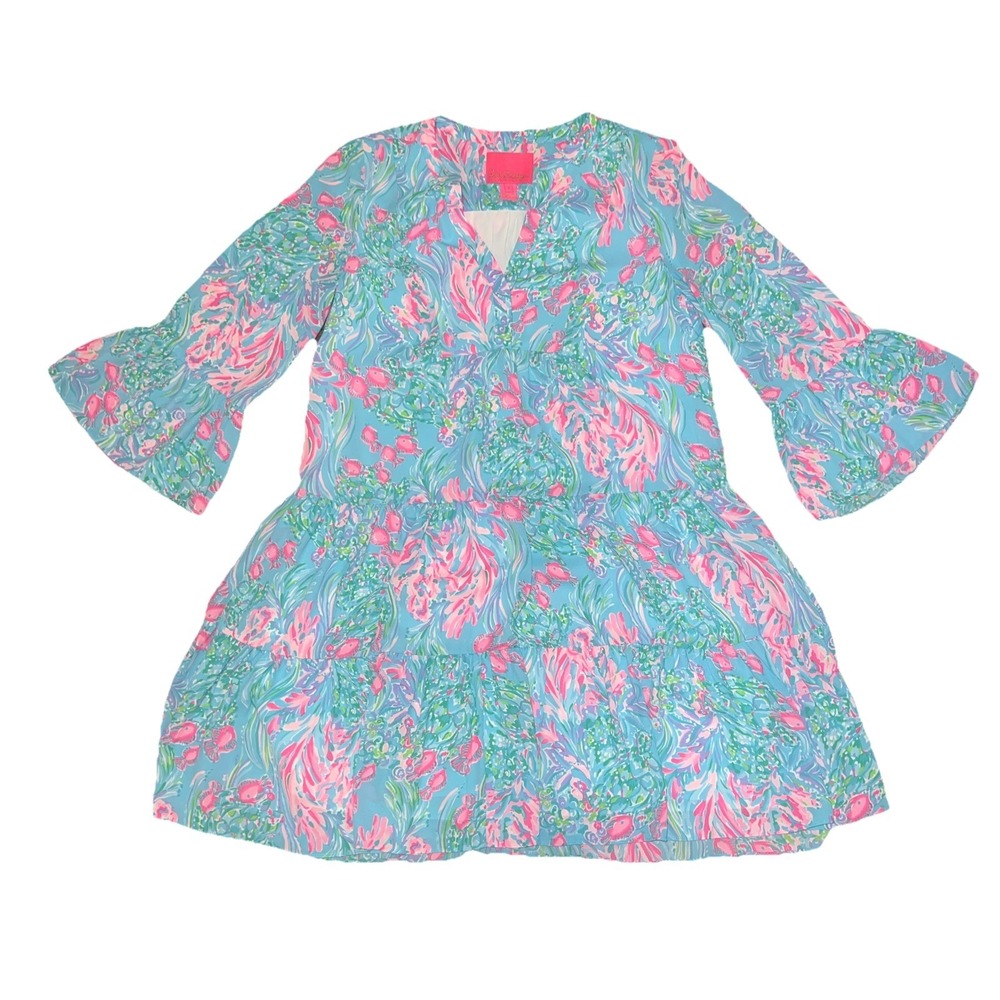 Lilly Pulitzer Gabriel Dress Amalfi Blue Size 0 Womens Low Waist Bell Sleeve